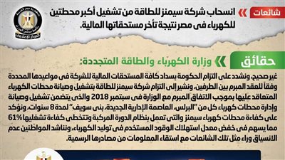 الحكومة تنفي انسحاب شركة سيمنز للطاقة من تشغيل أكبر محطتين للكهرباء في مصر نتيجة تأخر مستحقاتها المالية