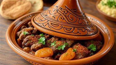 طريقة تحضير طاجين اللحم المغربي الأصلي بمزيج التوابل العطرية والبرقوق واللوز